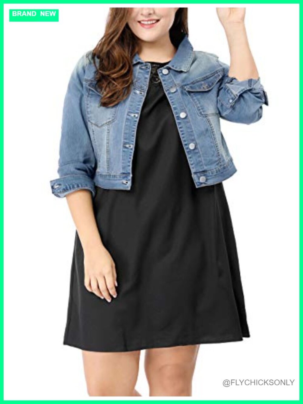 Plus Size Button Down Cropped Denim Jacket Long Sleeve Regular Fit